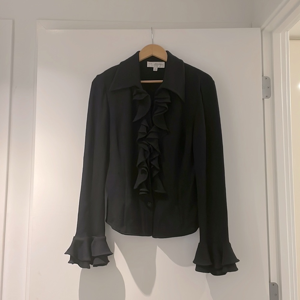 Unique ruffled black St. John jacket is size 10! Beautiful texture and detail!
